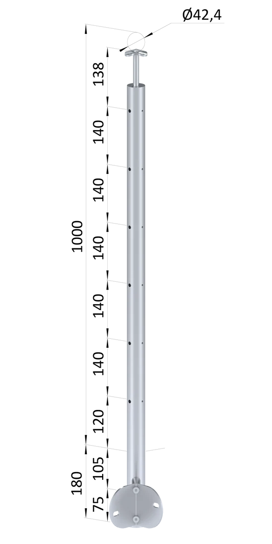 nerezový stĺp, bočné kotvenie rohové, 6 dierový na lanko, rohový:90°, vrch pevný (ø 42.4x2mm), brúsená nerez K320 /AISI304