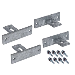 Set s držáky plotového pole, set obsahuje 4x držák (délka 100mm, šířka 30mm, výška 60mm, tloušťka 5mm) 8x šroub, žárový pozink