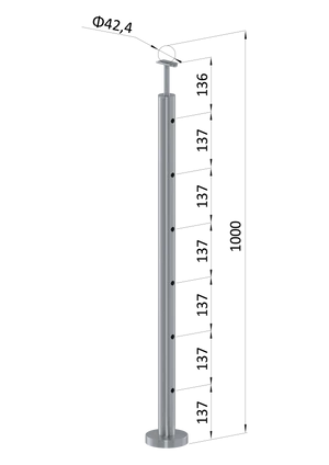 nerezový stĺp, vrchné kotvenie, 6 dierový priechodný, vrch pevný (ø 42.4x2mm), leštená nerez /AISI304 - slide 0