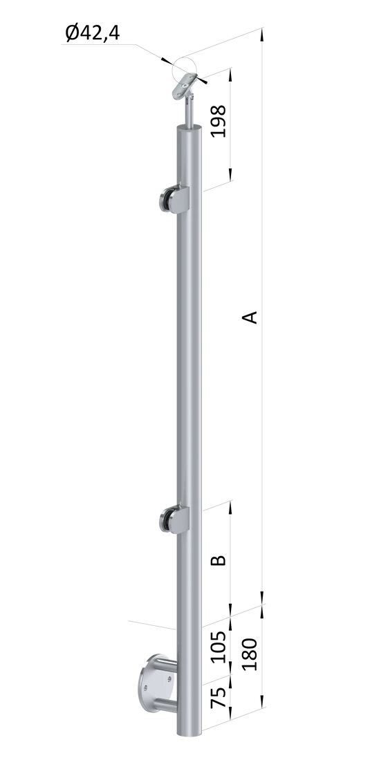nerezový stĺp, bočné kotvenie, výplň: sklo, ľavý, vrch nastaviteľný (ø 42.4x2mm), brúsená nerez K320 /AISI316