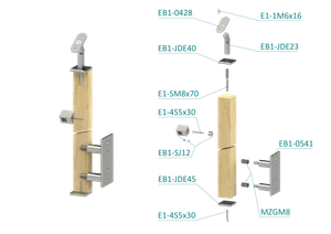 dřevěný sloup, boční kotvení, 4 řadový, průchozí, vnější, vrch nastavitelný, (40x40mm), materiál: buk, broušený povrch bez nátěru - slide 1