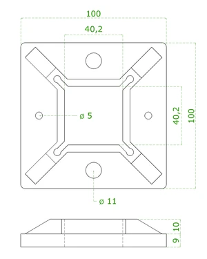 Příruba spodní (100x100 / 2x11 mm), otvor: 40,5x40,5 mm, na profil 40x40 mm, broušená nerez K320 / AISI304 - slide 1