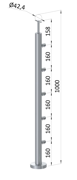 Nerezový sloup, vrchní kotvení, 5 řadový průchodný, vrch pevný (ø42,4x2 mm), broušená nerez K320 / AISI316 - slide 0