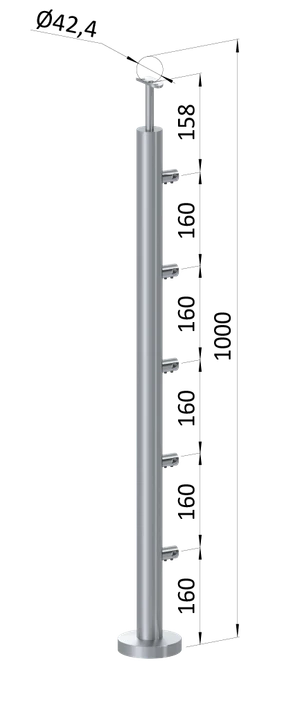 Nerezový sloup, vrchní kotvení, 5 řadový průchodný, vrch pevný (ø42,4x2 mm), broušená nerez K320 / AISI316 - slide 0