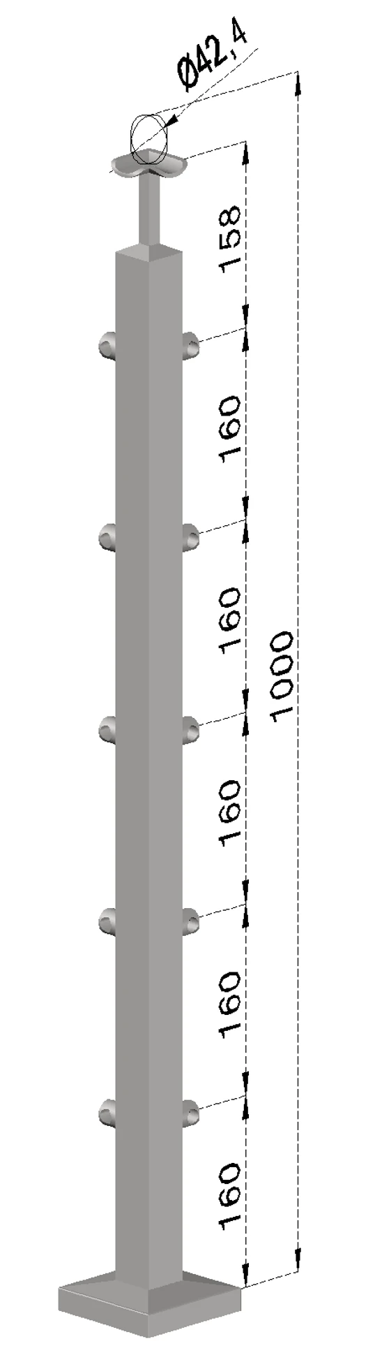nerezový stĺp, vrchné kotvenie, 5 radový rohový, vrch pevný (40x40mm), brúsená nerez K320 /AISI304