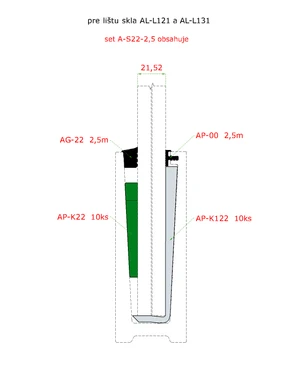 2,5 m set pro 21,52 mm sklo, k hliníkovým profilům AL-L121, AL-L131, AL-L141 a AL-L151. Obsahuje: těsnění AG-00 2,5 m,  AG-22 2,5 m, podložky AP-K122 10 ks, kliny AP-K22 10 ks. - slide 1
