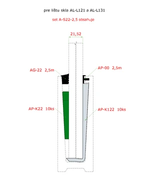 2.5m set pre 21.52mm sklo, k profilu AL-L121, AL-L131, AL-L141 a AL-L151. Obsahuje: tesnenie AG-00 2.5m, AG-22 2.5m, podložka AP-K122 10ks, klin AP-K22 10ks. - slide 1