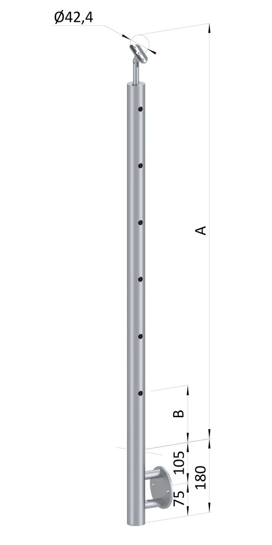 Nerezový sloup, boční kotvení, 6 děrový koncový, pravý, vrch nastavitelný (ø 42,4x2 mm), broušená nerez K320 / AISI304