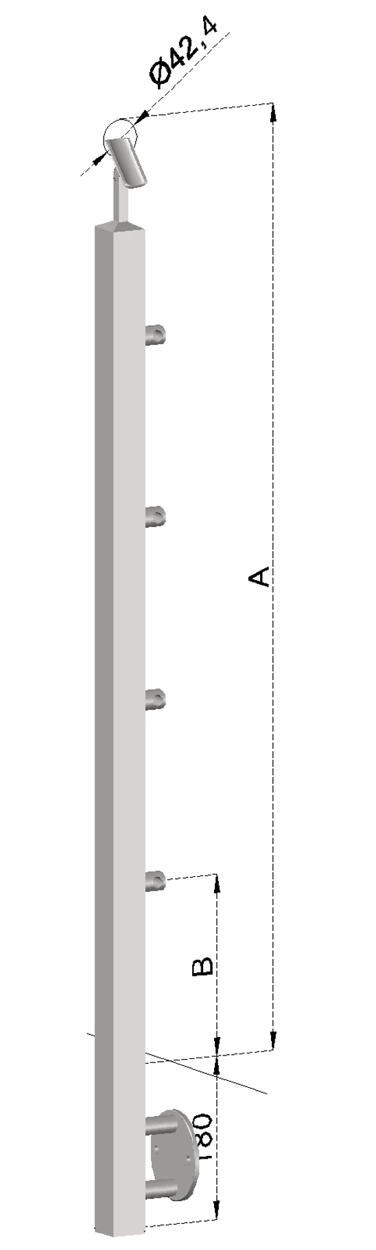 nerezový stĺp, bočné kotvenie, 4 radový priechodný, vnútorný, vrch nastaviteľný (40x40mm), brúsená nerez K320 /AISI304