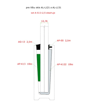 2,5 m set pro 12,76 mm sklo, k hliníkovým profilům AL-L121, AL-L131, AL-L141 a AL-L151. Obsahuje: těsnění AG-00 2,5 m, AG-13 2,5 m, podložky AP-K122 10 ks., klíny AP-K13 10 ks. - slide 1
