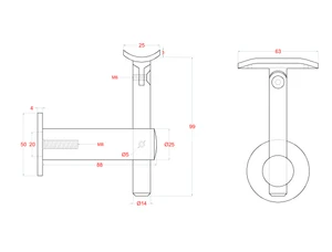 držiak madla s kĺbom /ploché uchytenie na stenu M8 / madlo ø42.4 mm, brúsená nerez K320/AISI304 - slide 2