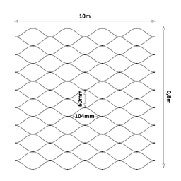 Nerezová lanková síť, 0,8m x 10m (šxd), oko 60x104 mm, tloušťka lanka 2mm, AISI316, barva: Černá, (V nerozloženém stavu má síť 11,92m)