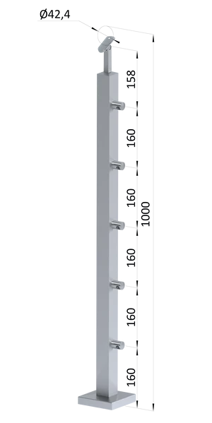 nerezový stĺp, vrchné kotvenie, 5 radový priechodný, vrch nastaviteľný (40x40mm), brúsená nerez K320 /AISI304 - slide 0