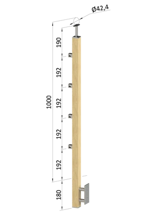 drevený stĺp, bočné kotvenie, 4 radový, priechodný, vonkajší, vrch pevný (40x40mm), materiál: buk, brúsený povrch s náterom BORI (bezfarebný) - slide 0