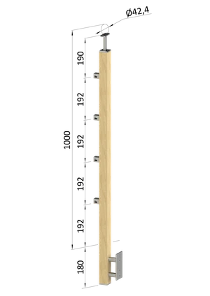 dřevěný sloup, boční kotvení, 4 řadový, průchozí, vnější, vrch pevný (40x40mm), materiál: buk, broušený povrch s nátěrem BORI (bezbarvý) - slide 0