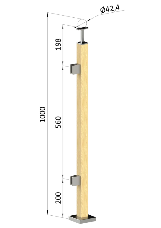 drevený stĺp, vrchné kotvenie, výplň: sklo, ľavý, vrch pevný (40x40mm), materiál: buk, brúsený povrch s náterom BORI (bezfarebný)
