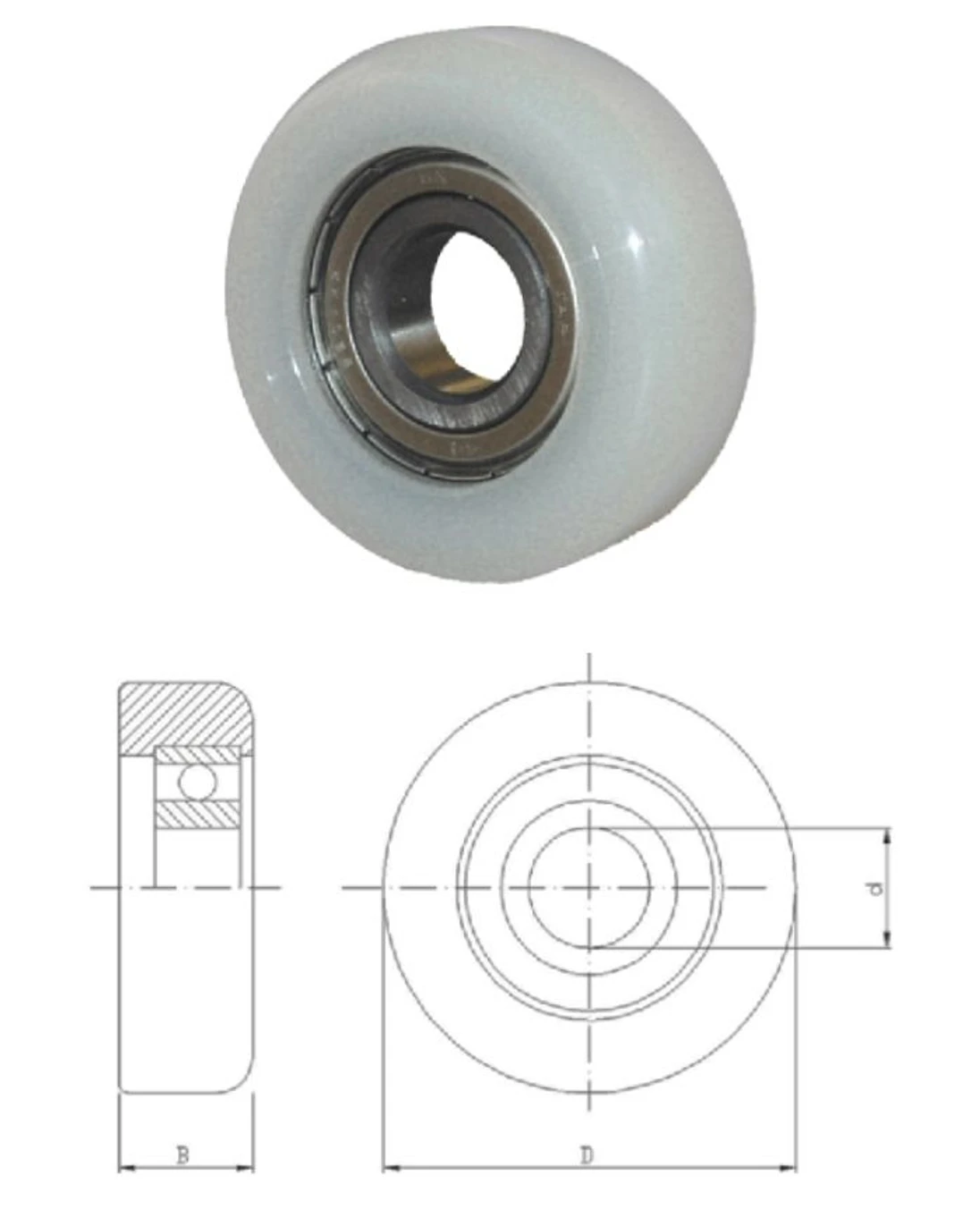 polyamidové kolečko D-70, d-20, B-22mm s ložiskem