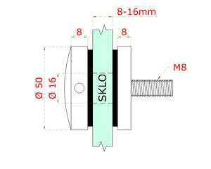 svorka bodová na sklo 8-16mm plochá (ø 50mm/M8), broušená nerez K320/AISI304, balení obsahuje gumičky na sklo, barva: černá - slide 1