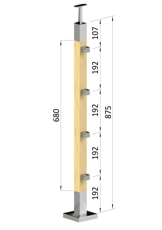 dřevěný sloup, vrchní kotvení, průchozí, 4 řadový, vrch pevný (40x40mm), materiál: buk, broušený povrch s nátěrem BORI (bezbarvý)