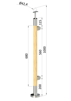 Dřevěný sloup, vrchní kotvení, výplň: sklo, pravý, vrch pevný (ø42 mm), materiál: buk, broušený povrch bez nátěru - slide 0