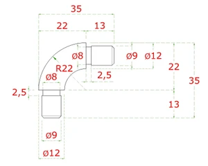 spoj oblúkový 90° (plný materiál) na trubku ø 12mm, brúsená nerez K320 /AISI304 - slide 1