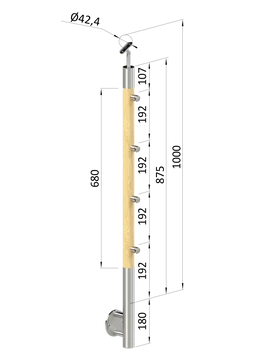 Dřevěný sloup, boční kotvení, 4 řadový, průchozí, vnější, vrch nastavitelný (ø42 mm), materiál: buk, broušený povrch s nátěrem BORI (bezbarvý)