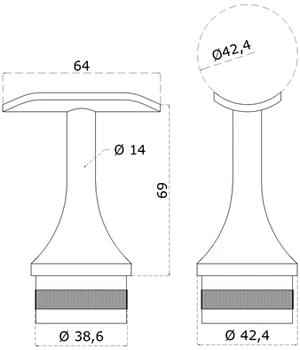 držiak madla pevný na trubku ø 42.4mm (69x64mm), brúsená nerez K320 /AISI304 - slide 1