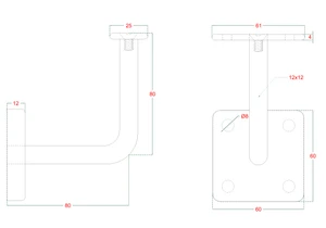 Držák madla na stěnu pevný (plochý, L:80x80mm, kotevní deska: 60x60mm), broušená nerez K320/AISI304) - slide 2