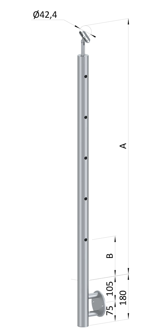 Nerezový sloup, boční kotvení, 5 děrový koncový, pravý, vrch nastavitelný (ø 42,4x2 mm), broušená nerez K320 / AISI316