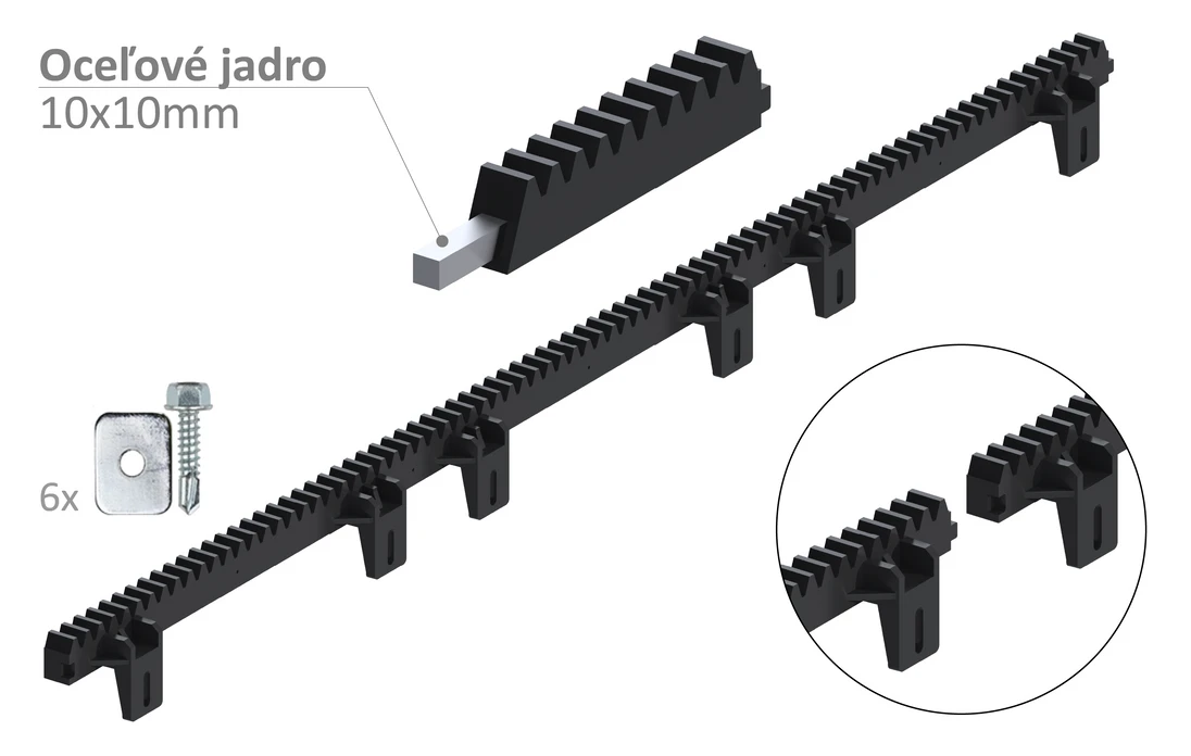 Hrebeň nylon-kov 27x18mm, L-1000mm, max do 600kg, 6x HORNÝ úchyt so skrutkou, kovové jadro 10x10mm