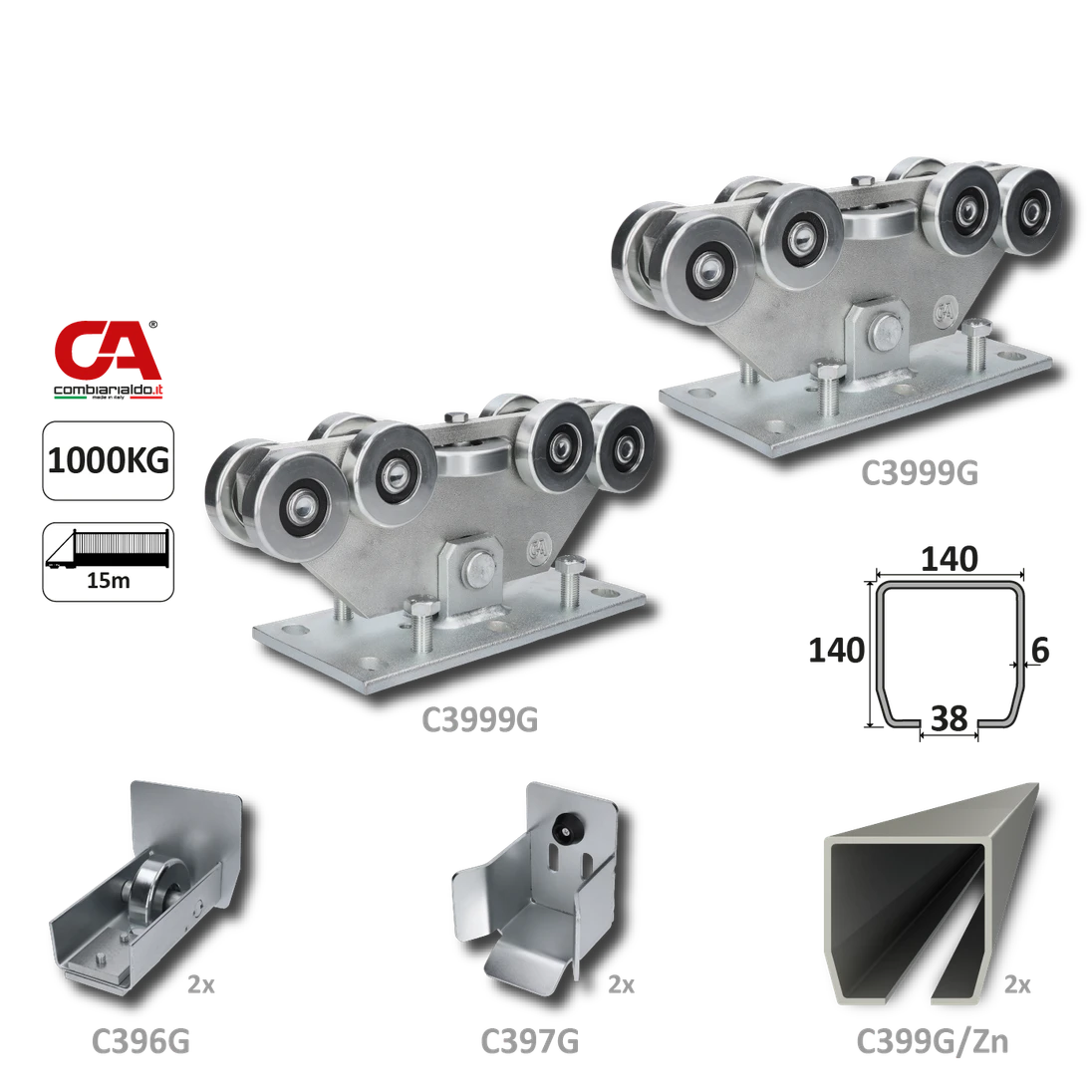 GRANDE-9 samonosný systém 140x140x6 mm pro posuvné brány do 1000 kg / 15 m otvor (C399G/Zn 2x 6 m pozinkovaný profil, C3999G 2ks,C396G 2ks, C397G 2ks), intenzivní provoz