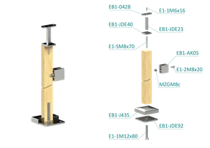 dřevěný sloup, vrchní kotvení, výplň: sklo, pravý, vrch pevný (40x40mm), materiál: buk, broušený povrch bez nátěru - slide 1