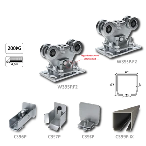 PICCOLO-Kombinovaný (Nerez/Pozink) samonosný systém  67x67x3mm pre posuvné brány do 200kg/4,5m otvor (C399P-IX 1x6m nerezový profil, W395P.F2 2ks, C397P 1ks, C396P 1ks, C398P 1ks) - slide 0