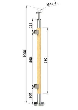Dřevěný sloup, vrchní kotvení, výplň: sklo, levý, vrch pevný (ø 42mm), materiál: buk, broušený povrch s nátěrem BORI (bezbarvý)