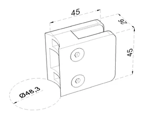 Svorka skla / plechu na trubku ø 48.3mm (45x45x26mm) pre sklo 6-10.76mm, brúsená nerez K320 /AISI304, balenie neobsahuje gumičky na sklo - slide 1
