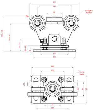 vozík pre C-profil 80x80x5/4mm výškovo nastaviteľný s reguláciou sklonu, 5x oceľové koliesko s ložiskom 6204ZZ, galvanické zinkovanie - slide 1