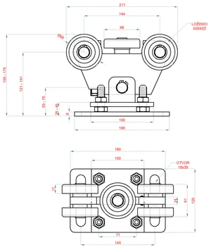 Vozík pro C-profil 80x80x5/4mm výškově nastavitelný s regulací sklonu, 5x ocelové kolečko s ložiskem 6204ZZ, galvanické zinkování - slide 2