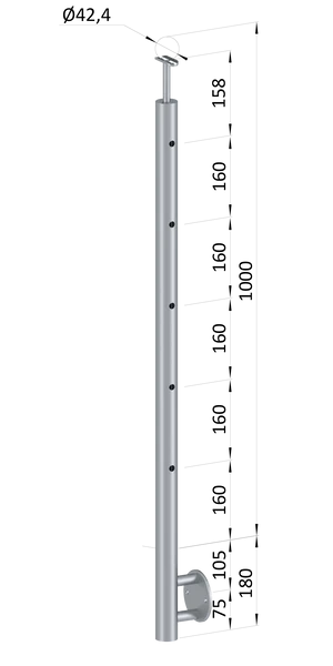 Nerezový sloup, boční kotvení, 5 děrový koncový, pravý, vrch pevný (ø 42,4x2 mm), broušená nerez K320 / AISI316 - slide 0