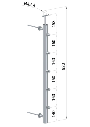 nerezový stĺp na francúzsky balkón, bočné kotvenie, 5 radový priechodný, vrch pevný, (ø 42.4x2mm), brúsená nerez K320 /AISI304 - slide 0