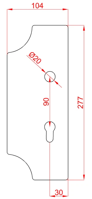 Štít 277x104x2mm s otvormi, rozteč 90mm, zápust 30mm, otvor pre kľučku ø 20mm, zdobený, pravý, pre zámok ZM90/45H - slide 1