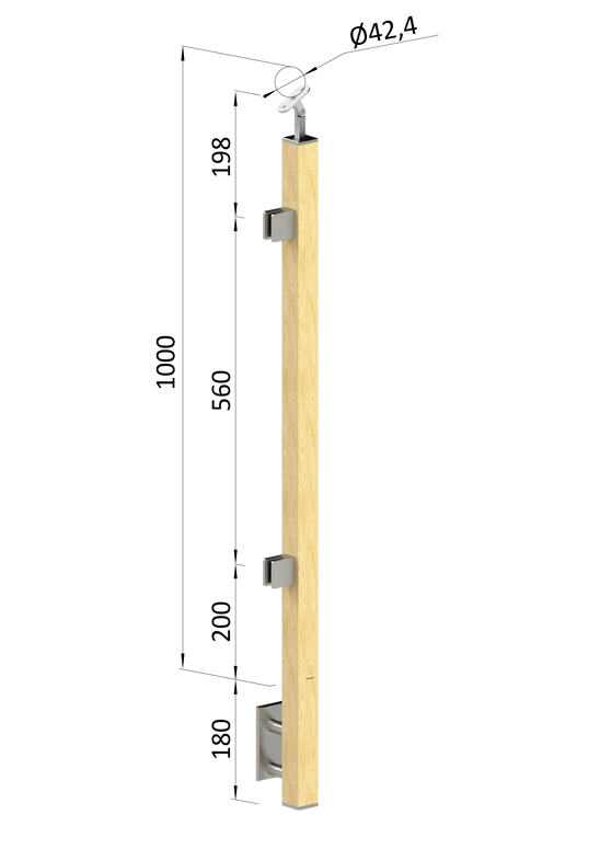 drevený stĺp, bočné kotvenie, výplň: sklo, koncový, ľavý, vrch nastaviteľný (40x40mm), materiál: buk, brúsený povrch bez náteru