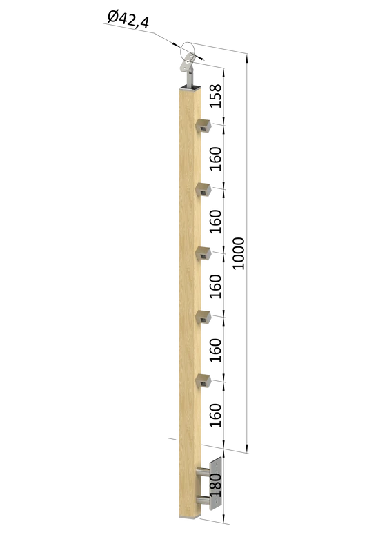 drevený stĺp, bočné kotvenie, 5 radový, priechodný, vnútorný, vrch nastaviteľný (40x40mm), materiál: buk, brúsený povrch s náterom BORI (bezfarebný)