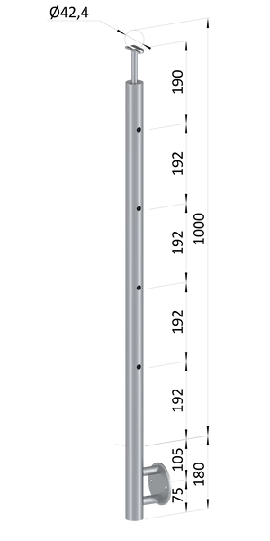 nerezový stĺp, bočné kotvenie, 4 dierový priechodný, vrch pevný (ø 42.4x2mm), leštená nerez /AISI304 - slide 0