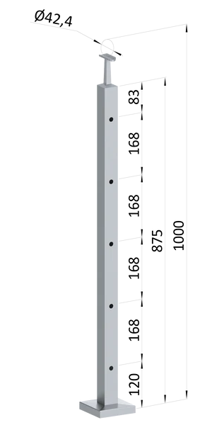Nerezový sloup, vrchní kotvení, 5 děrový koncový, vrch pevný (40x40 mm), broušená nerez K320 / AISI304 - slide 0