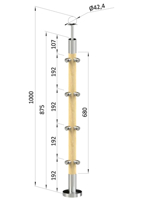 drevený stĺp, vrchné kotvenie, 4 radový, priechodný, rohový: 90°, vrch pevný (ø 42mm), materiál: buk, brúsený povrch s náterom BORI (bezfarebný) - slide 0