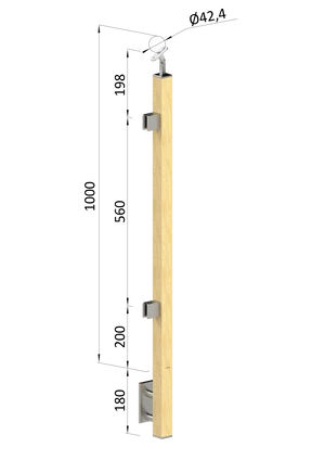 dřevěný sloup, boční kotvení, výplň: sklo, koncový, levý, vrch nastavitelný (40x40mm), materiál: buk, broušený povrch s nátěrem BORI (bezbarvý) - slide 0