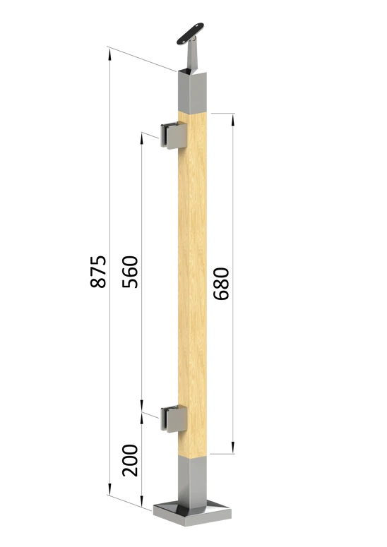 drevený stĺp, vrchné kotvenie, výplň: sklo, ľavý, vrch nastaviteľný (40x40mm), materiál: buk, brúsený povrch bez náteru