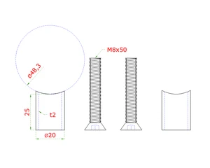 Prechod na vymedzenie vzdialenosti medzi stĺpom ø 48.3mm a kotviacou platňou, ø 20x2.0mm /L:25mm, vnút. skrutka: M8x50mm, brúsená nerez K320 /AISI304, bal: 2ks - slide 1