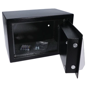 Nábytkový elektronický trezor (310x200x200mm), tloušťka: dveří 3mm, tělo 1mm, vnitřní rozměry 305x140x195mm, barva: černá, balení obsahuje 4x baterie a kotvy do stěny - slide 2