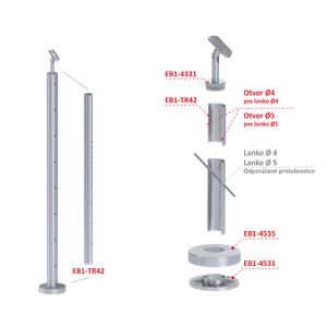 nerezový stĺp, vrchné kotvenie, 8 dierový na lanko, priechodný, vrch nastaviteľný (ø 42.4x2mm) brúsená nerez K320 /AISI304 - slide 2